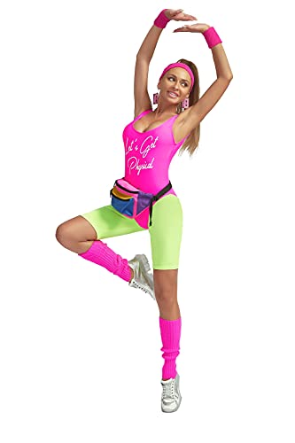 Refreedom Womens 80s Workout Costume Outfit 80s Accessories Set Neon Shorts  Earring Leg Warmers Headband Wristbands lets get physical Short Pink S
